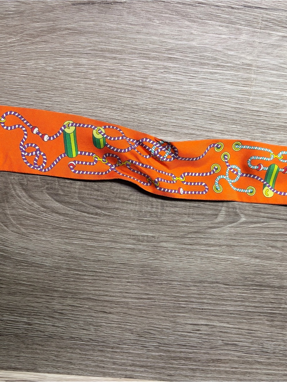 Hermes Authentic Orange Twilly Scarf with Rope Print